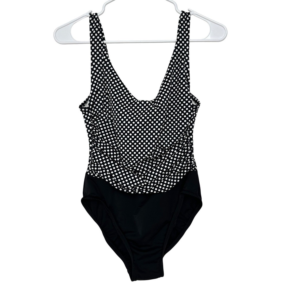 Miraclesuit Womens Polka Dot One Piece Swimsuit Black White Draped Size 10